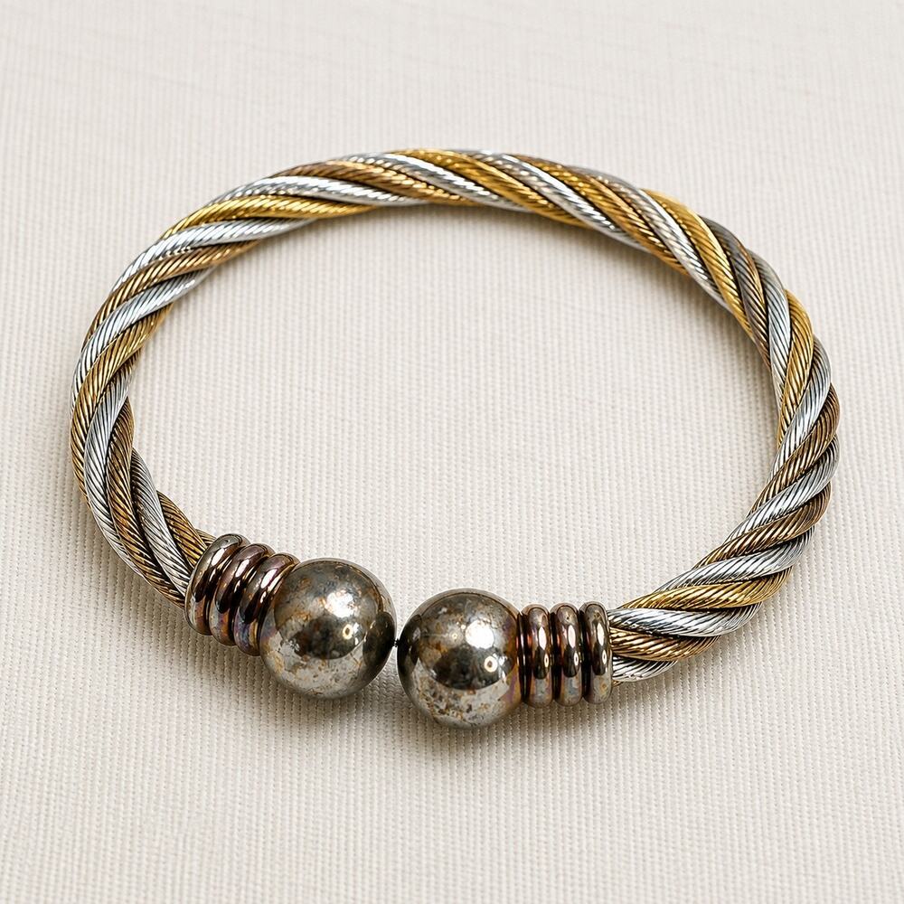 Two Tone Twisted Cable Cuff Bracelet Adjustable Statement Jewelry B179 - Picture 3 of 3